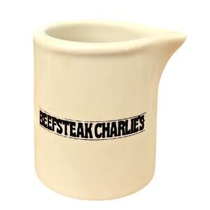 Vintage Beefsteak Charlies White Ceramic Mini BBQ Sauce Pitcher - Made in USA
